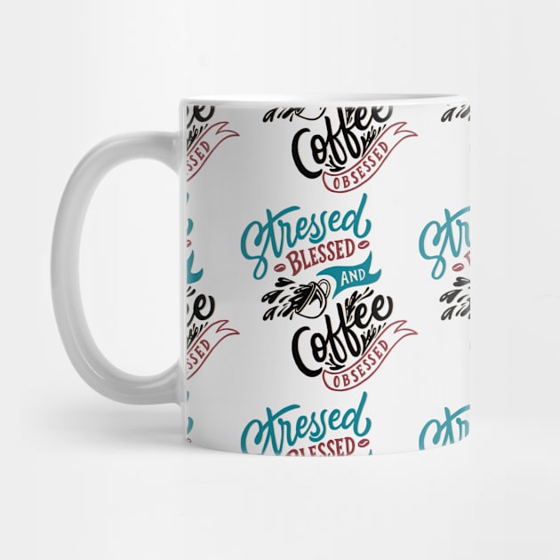 Stressed coffee obsessed funny t-shirt pattern on white by Muse